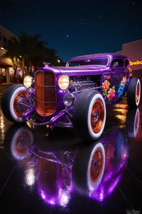 pointillism style under the twinkling stars of a neon lit night sky, a custom designed hot rod car gleams with hues of purple, pink, and orange. the car's low slung body, adorned with an intricate floral design, contrasts sharply against the deep violet backdrop. a massive chrome engine crowns the hood, emitting a soft glow that reflects off the polished chrome rims. as if alive, sparks fly from the exhaust pipes, dancing in the air like falling stars before dissipating into the night. this cybernetic masterpiece is not just a vehicle but a testament to the merging of art and technology, a dream come true under the neon lights. . composed entirely of small, distinct dots of color, vibrant, highly detailed