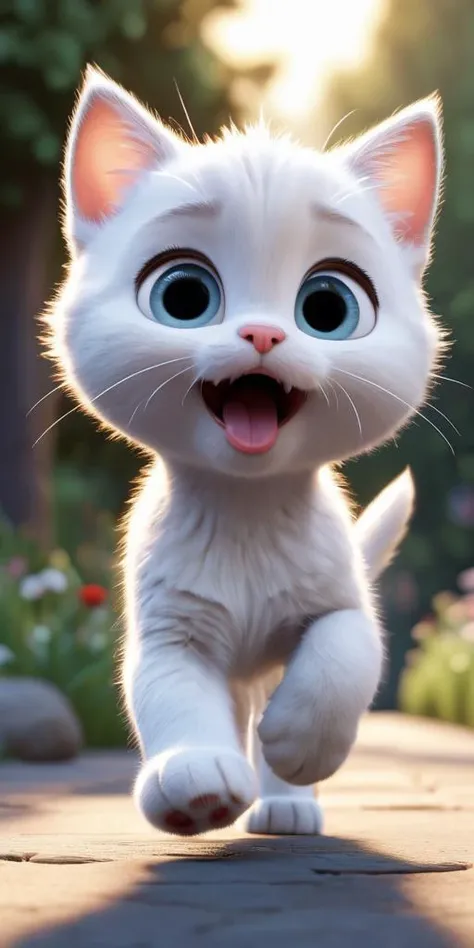 (((Ultra-HD-details))) (((disney-pixar-3D-toons-style))) white-little-kitten-with-big-cartoon-eyes, long-tongue-hanging-down, wide-smile, excited-running-towards-viewer