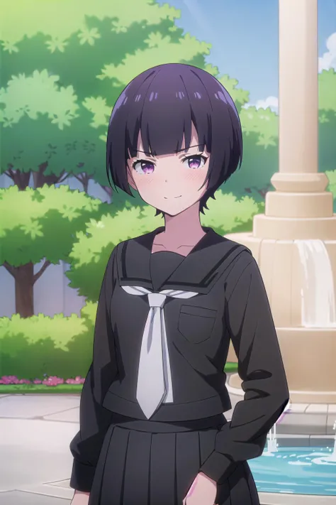 best quality, (masterpiece:1.2), highly detailed,
outdoors, park, fountain, sunrays,
<lora:chara_Eromanga-sensei_SenjuMuramasa_v1:0.8>, senju muramasa, upper body,
1girl, solo, standing, looking at the viewer, slight smile, closed mouth, blush,
short hair, purple hair, purple eyes,
black serafuku, white tie, (black shirt:1.4), black skirt