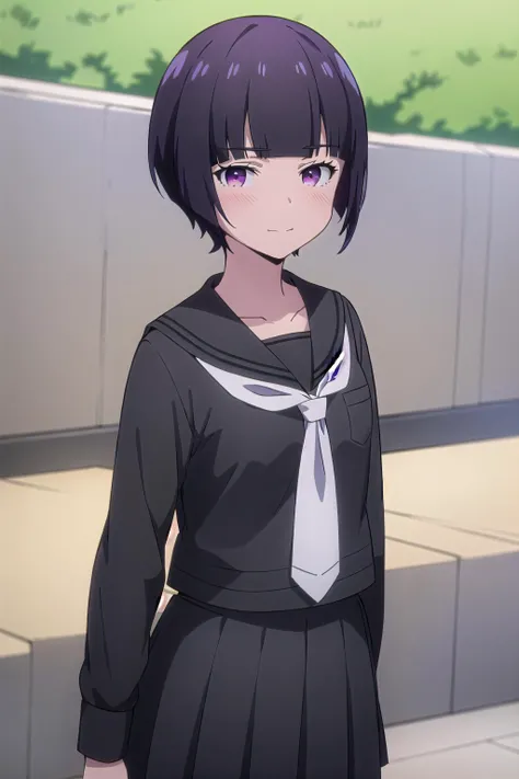 best quality, (masterpiece:1.2), highly detailed,
outdoors, park,
<lora:chara_Eromanga-sensei_SenjuMuramasa_v1:0.8>, senju muramasa, upper body,
1girl, solo, standing, looking at the viewer, slight smile, closed mouth, blush,
short hair, purple hair, purple eyes,
black serafuku, white tie, (black shirt:1.4), black skirt