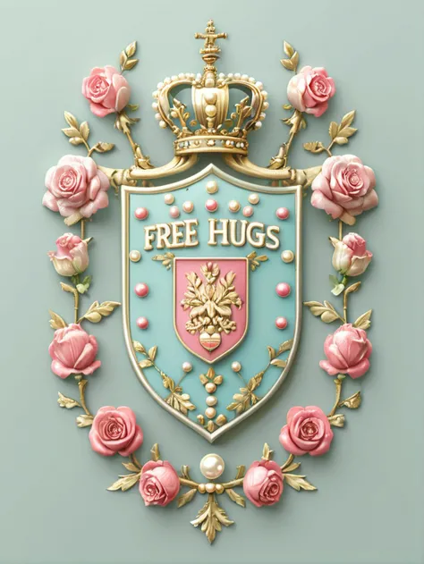 illustration, style of Coat of Arms, ("free hugs" text logo), pearls, roses, pastel colorscheme, very detailed, simple background, masterpiece, best quality <lora:tbh227-sdxl:1> <lora:Harrlogos_v1.1:1>