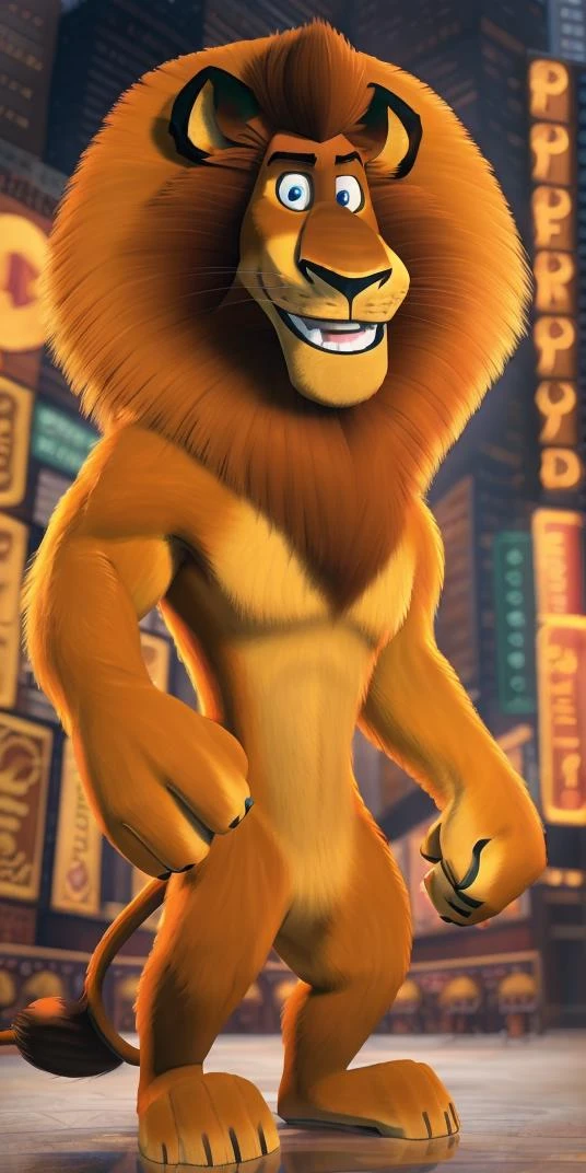 <lora:AlexLion-08:1.0> cartoon lion, AlexLion, male, solo, new York background, detailed background,4k, 8k, photorealistic, high res, high-quality lighting, ultrarealistic, realistic fur, detailed fur, perfect hands, detailed hands, realistic eyes, perfect eyes, detailed eyes, white iris, light blue pupil,full body image, pose, feet, standing, smile,