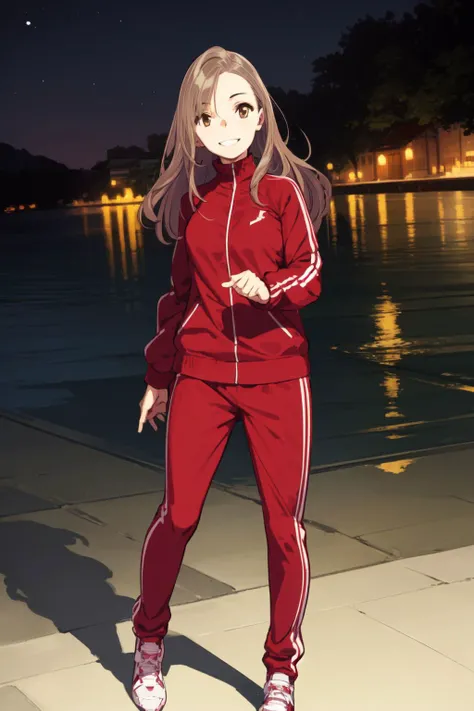 full body, solo, 1girl, kind smile, bronze hair, brown eyes, tracksuit, beautiful detailed face, night, outdoors, <lora:pako_(pakosun)_style_v01:1>