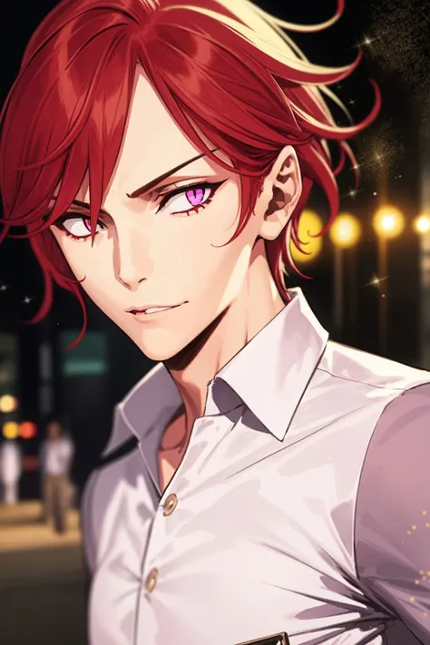 upper body, solo, 1boy, male focus, whiskers, red hair, light purple eyes, dress shirt, beautiful detailed face, glitter particles, outdoors, <lora:pako_(pakosun)_style_v01:1>