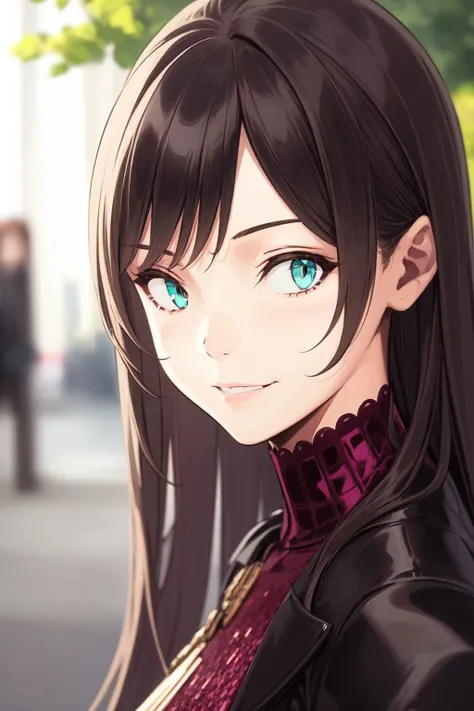 portrait, solo, 1girl, (squinting eyes:1.1) smile, light brown hair, aqua eyes, sequined, beautiful detailed face, dim light, outdoors, <lora:pako_(pakosun)_style_v01:1>