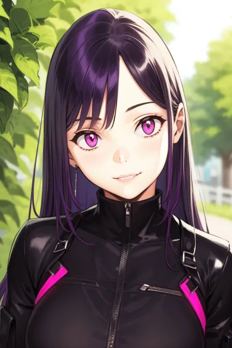 portrait, solo, 1girl, seductive smile, purple hair, pink eyes, jumpsuit, beautiful detailed face, sidelighting, outdoors, <lora:pako_(pakosun)_style_v01:1>