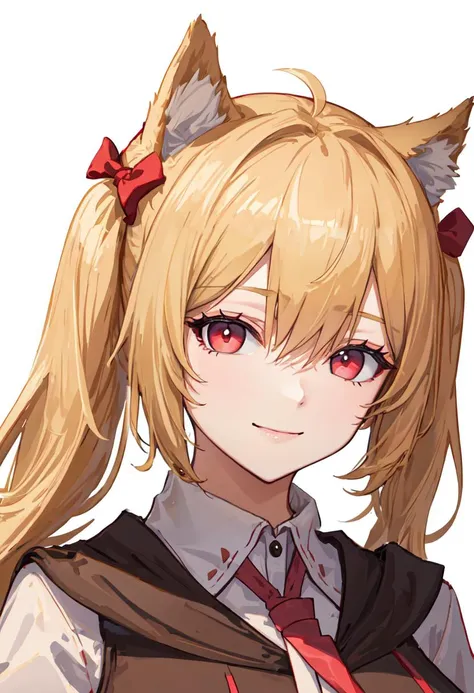 best quality, masterpiece, highres, solo, (sora_arknights:1.10), 1girl, red necktie, upper body, white shirt, closed mouth, collared shirt, black vest, looking at viewer, simple background, white background, smile, hair between eyes, portrait, red bow, 6 <lora:sora_arknights:0.80>