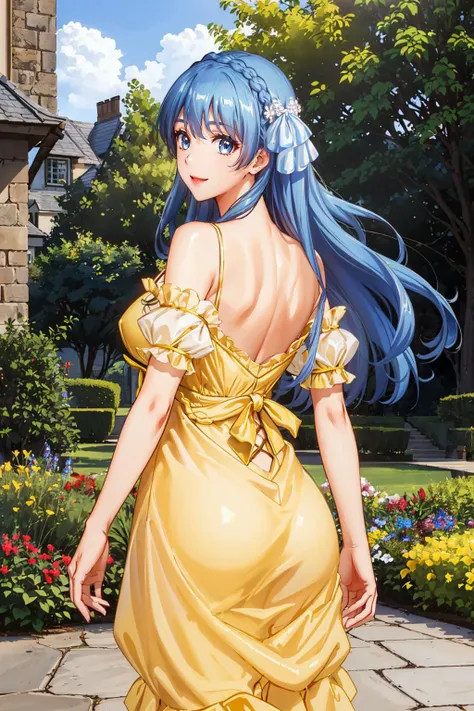 masterpiece, best quality,  <lora:junadoma-nvwls-v1-000009:0.9> juna doma, crown braid, hair ornament, hair ribbon, (yellow sundress:1.4), from behind, large breasts, smile,  <lora:edgChamYellowSundress:1> edgYSD,woman wearing a yellow sundress, garden, castle, blue sky, blue eyes