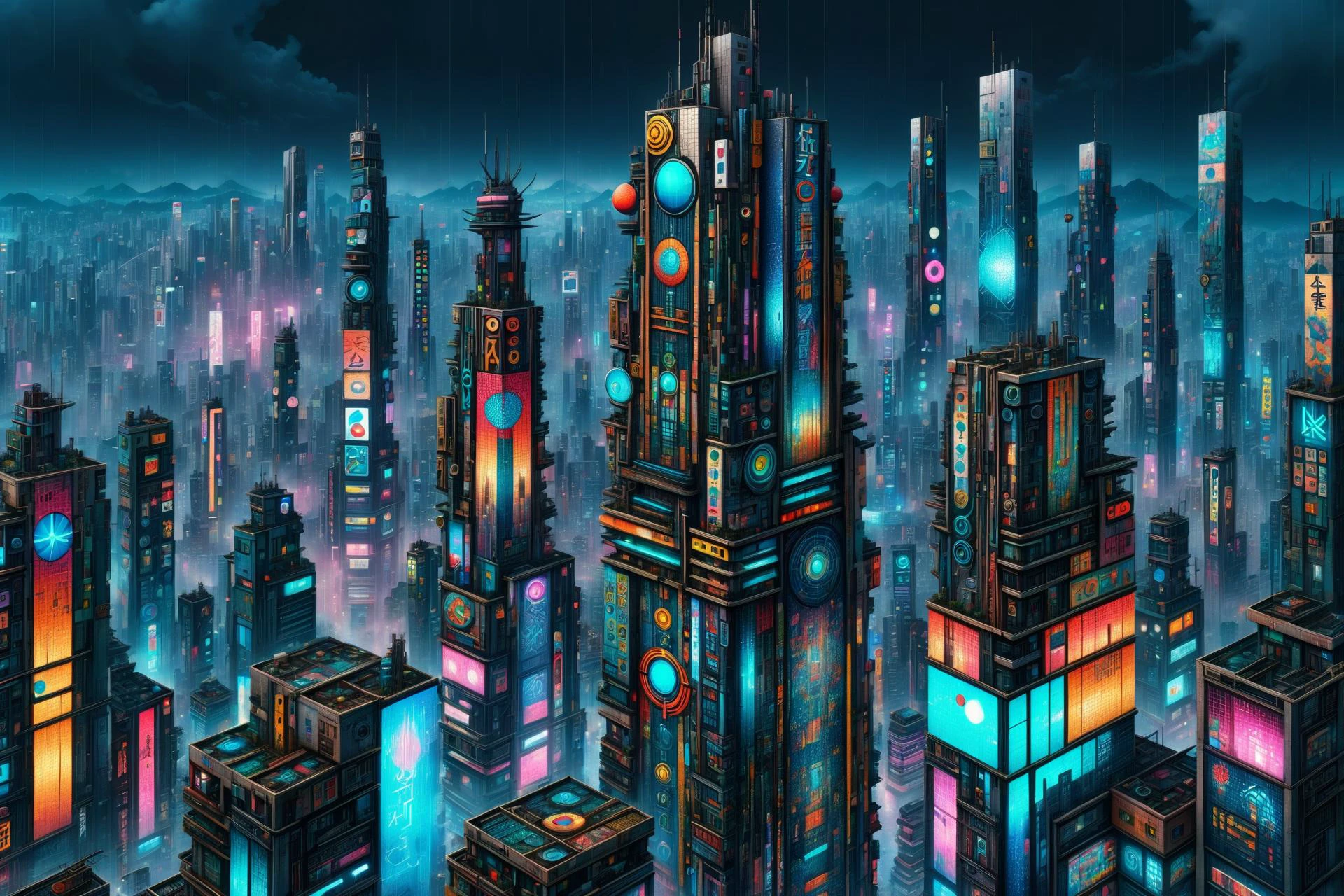 mad_colorful_mosaic tall highrise in the center of wide cyberpunk sprawling cityscape, smoke, night, rain, hologram <lora:EnvyKyotopunkXL01:0.8> kyotopunk, <lora:Colorful_Mosaic_SDXL:1>, (masterpiece:1.2), best quality, (hyperdetailed, highest detailed:1.2), high resolution textures, <lora:EnvyBetterHiresFixXL01:1>