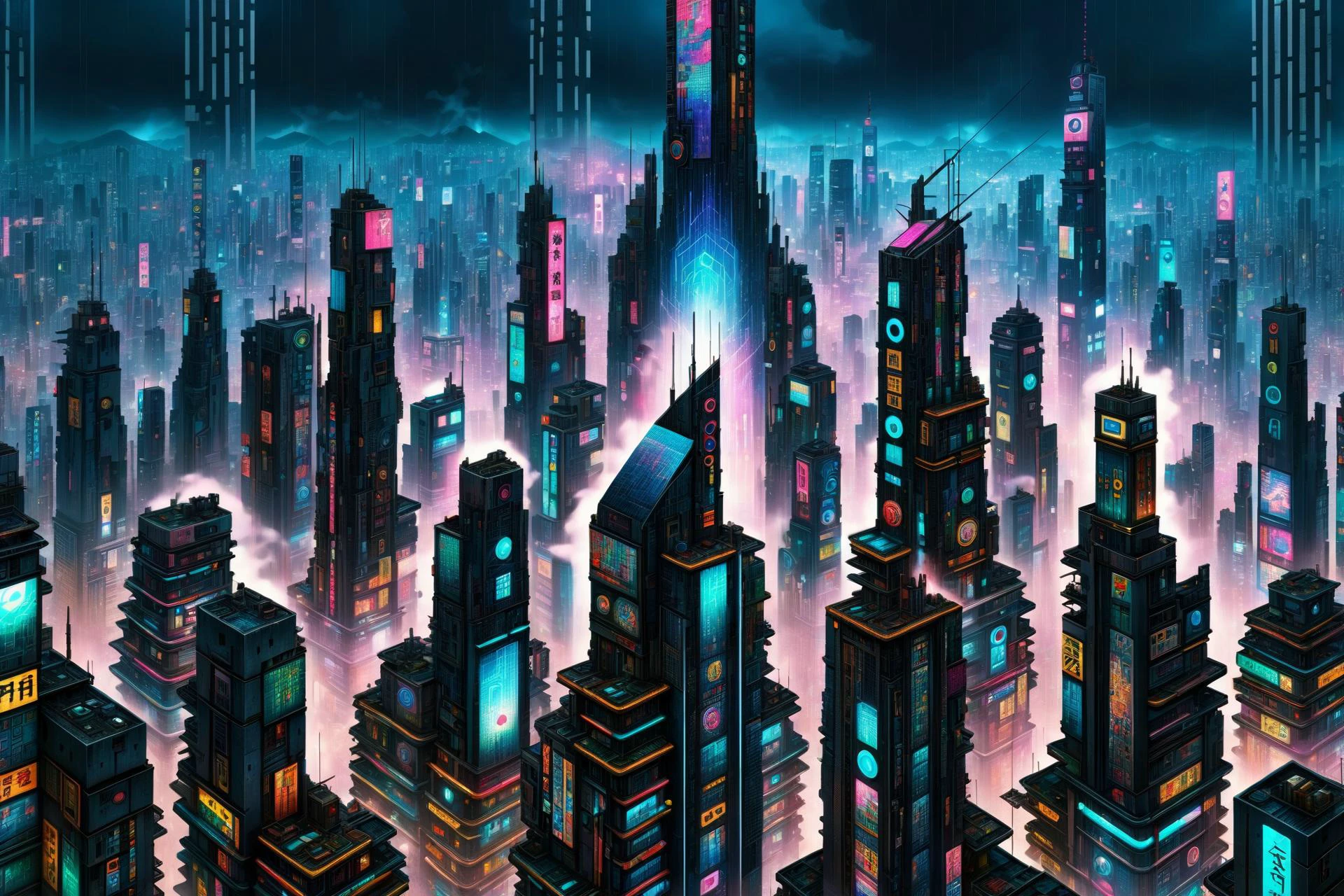 mad_colorful_mosaic tall highrise in the center of wide cyberpunk sprawling cityscape, smoke, night, rain, hologram <lora:EnvyKyotopunkXL01:0.8> kyotopunk, <lora:Colorful_Mosaic_SDXL:1>, (masterpiece:1.2), best quality, (hyperdetailed, highest detailed:1.2), high resolution textures, <lora:EnvyBetterHiresFixXL01:1>