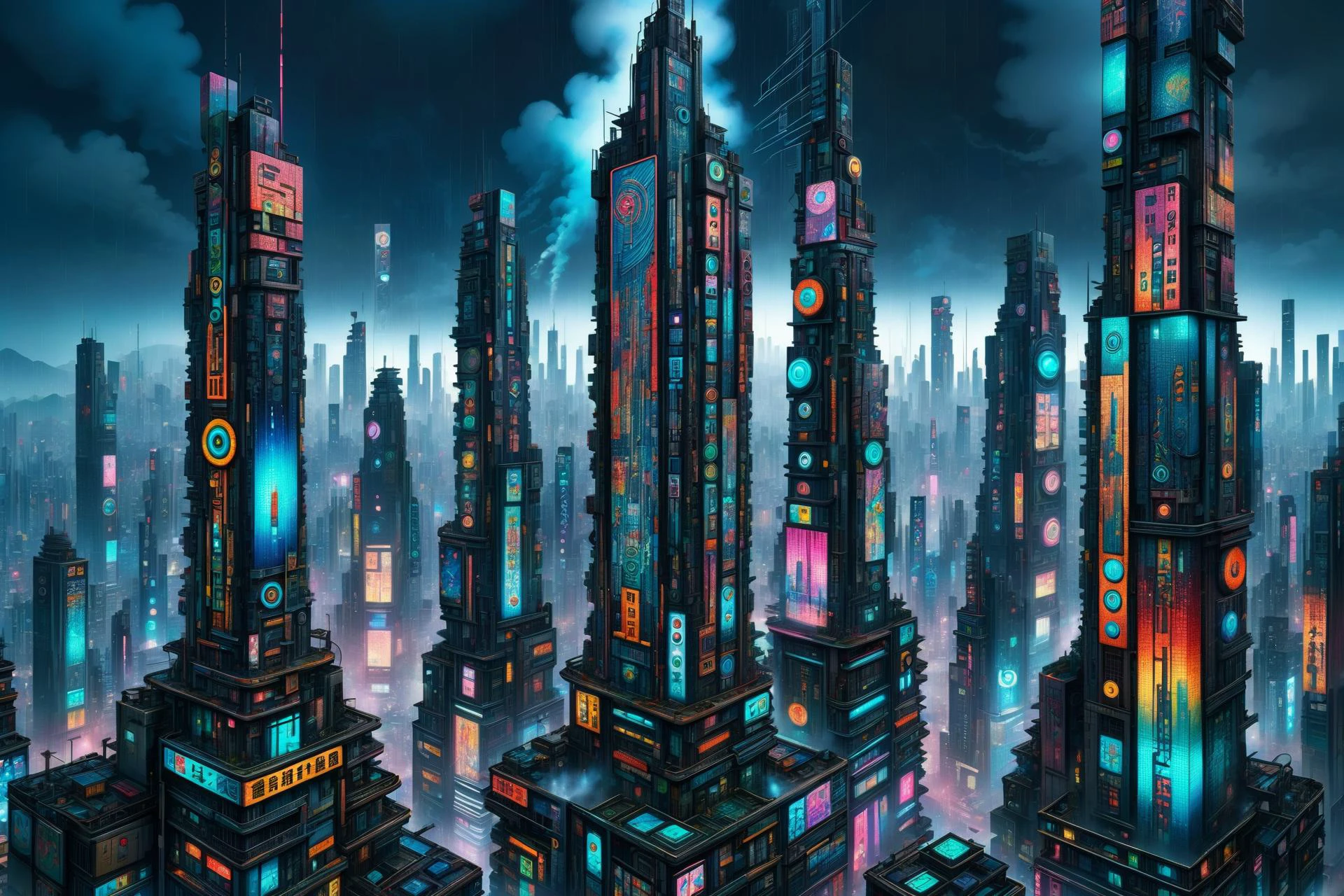 mad_colorful_mosaic tall highrise in the center of wide cyberpunk sprawling cityscape, smoke, night, rain, hologram <lora:EnvyKyotopunkXL01:0.8> kyotopunk, <lora:Colorful_Mosaic_SDXL:1>, (masterpiece:1.2), best quality, (hyperdetailed, highest detailed:1.2), high resolution textures, <lora:EnvyBetterHiresFixXL01:1>