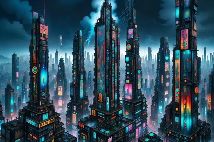 mad_colorful_mosaic tall highrise in the center of wide cyberpunk sprawling cityscape, smoke, night, rain, hologram <lora:EnvyKyotopunkXL01:0.8> kyotopunk,   <lora:Colorful_Mosaic_SDXL:1>, (masterpiece:1.2), best quality, (hyperdetailed, highest detailed:1.2), high resolution textures, <lora:EnvyBetterHiresFixXL01:1>