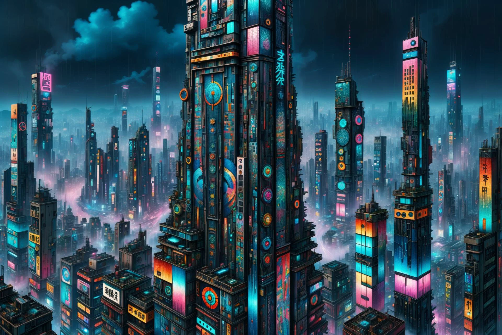 mad_colorful_mosaic tall highrise in the center of wide cyberpunk sprawling cityscape, smoke, night, rain, hologram <lora:EnvyKyotopunkXL01:0.8> kyotopunk, <lora:Colorful_Mosaic_SDXL:1>, (masterpiece:1.2), best quality, (hyperdetailed, highest detailed:1.2), high resolution textures, <lora:EnvyBetterHiresFixXL01:1>