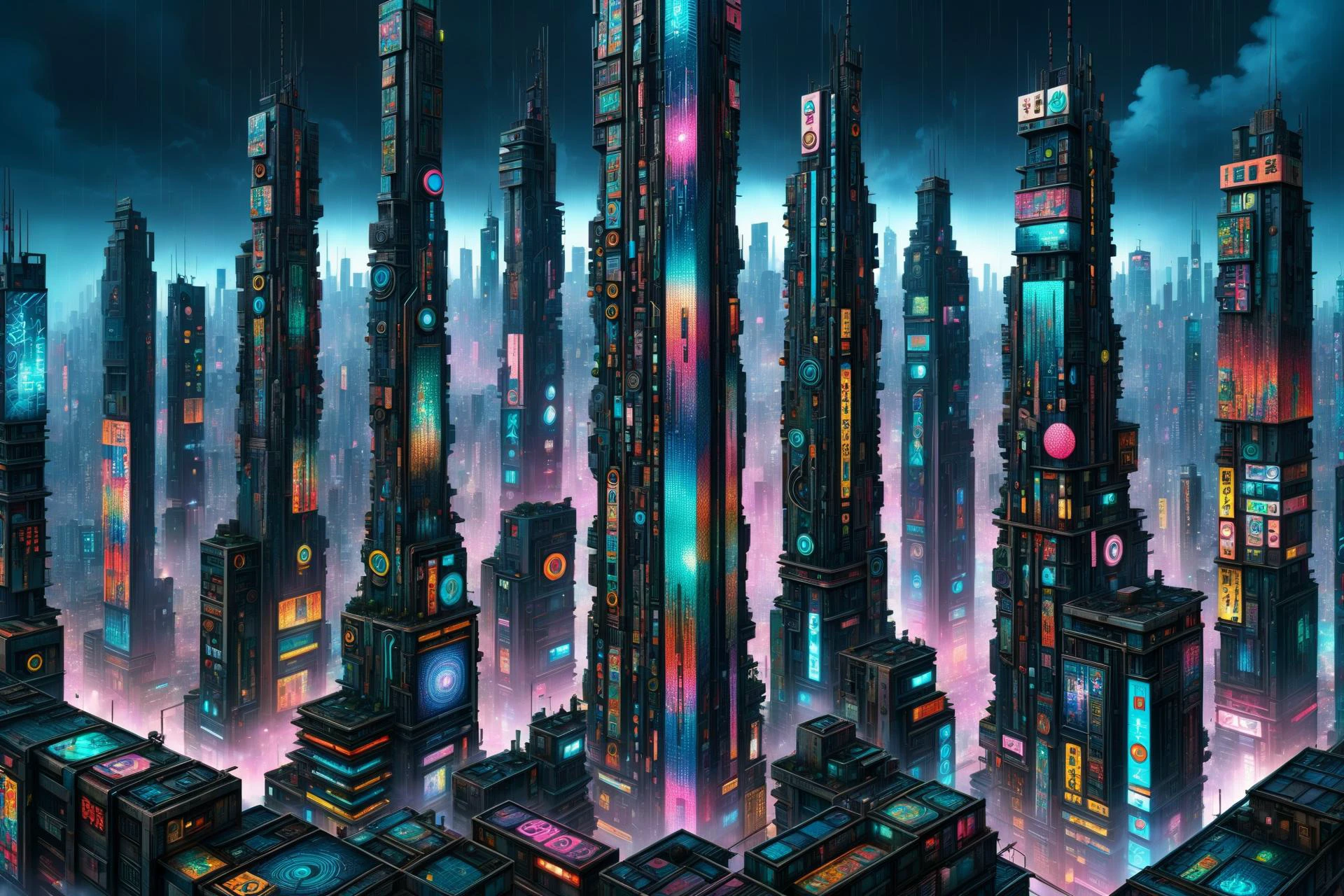 mad_colorful_mosaic tall highrise in the center of wide cyberpunk sprawling cityscape, smoke, night, rain, hologram <lora:EnvyKyotopunkXL01:0.8> kyotopunk, <lora:Colorful_Mosaic_SDXL:1>, (masterpiece:1.2), best quality, (hyperdetailed, highest detailed:1.2), high resolution textures, <lora:EnvyBetterHiresFixXL01:1>