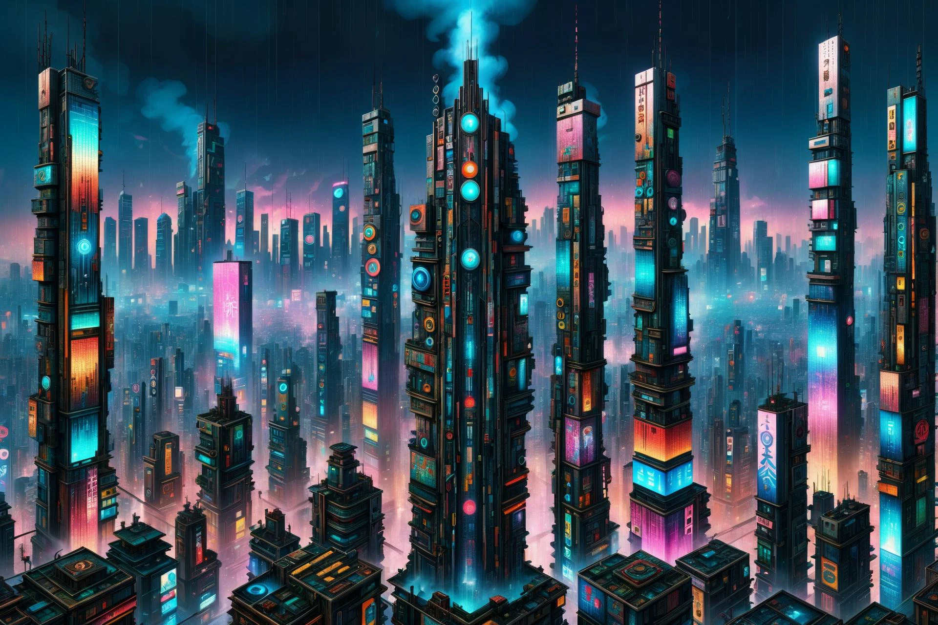 mad_colorful_mosaic tall highrise in the center of wide cyberpunk sprawling cityscape, smoke, night, rain, hologram <lora:EnvyKyotopunkXL01:0.8> kyotopunk, <lora:Colorful_Mosaic_SDXL:1>, (masterpiece:1.2), best quality, (hyperdetailed, highest detailed:1.2), high resolution textures, <lora:EnvyBetterHiresFixXL01:1>