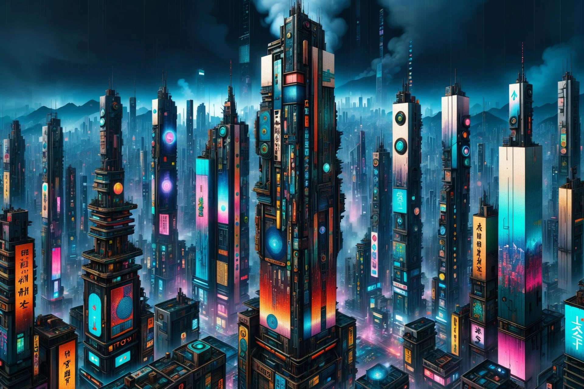 mad_colorful_mosaic tall highrise in the center of wide cyberpunk sprawling cityscape, smoke, night, rain, hologram <lora:EnvyKyotopunkXL01:0.8> kyotopunk, <lora:Colorful_Mosaic_SDXL:1>, (masterpiece:1.2), best quality, (hyperdetailed, highest detailed:1.2), high resolution textures, <lora:EnvyBetterHiresFixXL01:1>