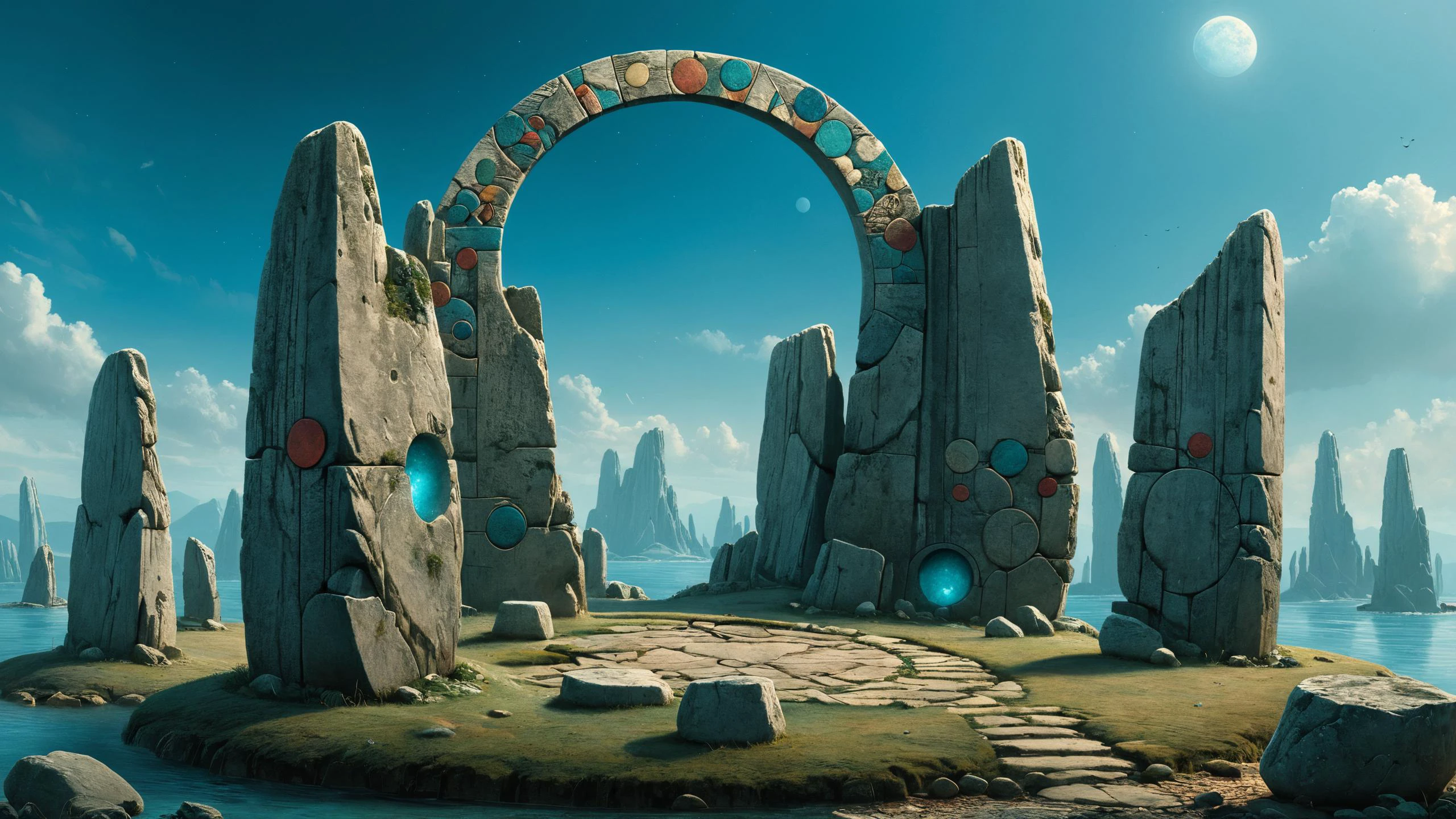 photorealistic detailed digital illustration of a circle of mad_colorful_mosaic standing stones, Floating islands amidst radiant azure skies in the background,, best on artstation, cgsociety, wlop, Behance, pixiv, astonishing, impressive, outstanding, epic, cinematic, stunning, gorgeous, breathtaking fantasy art, masterpiece <lora:Colorful_Mosaic_SDXL:0.8> <lora:add-detail-xl:0.8> <lora:The_Dark_Side_of_the_Earth:0.8>