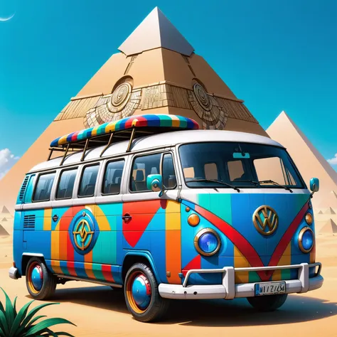 Dreamyvibes artstyle, mad_colorful_mosaic VW van in front of the pyramids, by ghibli <lora:Dreamyvibes artstyle SDXL - Reddit - Trigger with dreamyvibes artstyle:1> <lora:Colorful_Mosaic_SDXL:1>, <lora:EnvyBetterHiresFixXL01:1>, (masterpiece:1.2), best quality, (hyperdetailed, highest detailed:1.2), high resolution textures