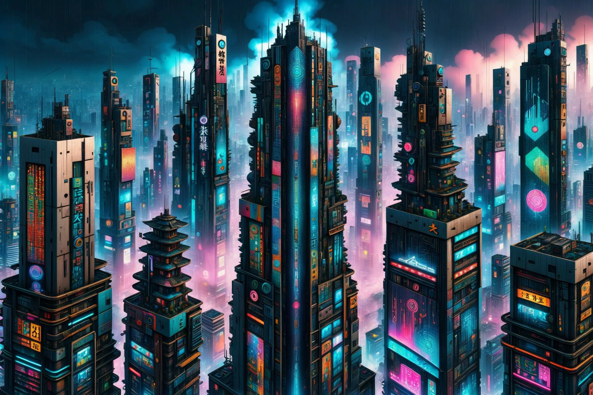 mad_colorful_mosaic tall highrise in the center of wide cyberpunk sprawling cityscape, smoke, night, rain, hologram <lora:EnvyKyotopunkXL01:0.8> kyotopunk, <lora:Colorful_Mosaic_SDXL:1>, (masterpiece:1.2), best quality, (hyperdetailed, highest detailed:1.2), high resolution textures, <lora:EnvyBetterHiresFixXL01:1>