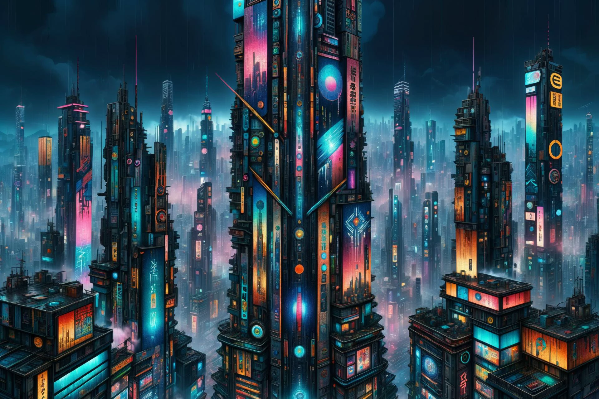 mad_colorful_mosaic tall highrise in the center of wide cyberpunk sprawling cityscape, smoke, night, rain, hologram <lora:EnvyKyotopunkXL01:0.8> kyotopunk, <lora:Colorful_Mosaic_SDXL:1>, (masterpiece:1.2), best quality, (hyperdetailed, highest detailed:1.2), high resolution textures, <lora:EnvyBetterHiresFixXL01:1>