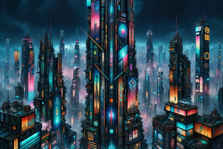 mad_colorful_mosaic tall highrise in the center of wide cyberpunk sprawling cityscape, smoke, night, rain, hologram <lora:EnvyKyotopunkXL01:0.8> kyotopunk,   <lora:Colorful_Mosaic_SDXL:1>, (masterpiece:1.2), best quality, (hyperdetailed, highest detailed:1.2), high resolution textures, <lora:EnvyBetterHiresFixXL01:1>