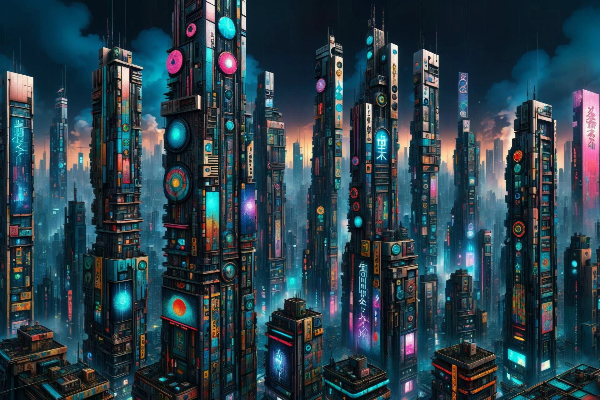 mad_colorful_mosaic tall highrise in the center of wide cyberpunk sprawling cityscape, smoke, night, rain, hologram <lora:EnvyKyotopunkXL01:0.8> kyotopunk, <lora:Colorful_Mosaic_SDXL:1>, (masterpiece:1.2), best quality, (hyperdetailed, highest detailed:1.2), high resolution textures, <lora:EnvyBetterHiresFixXL01:1>