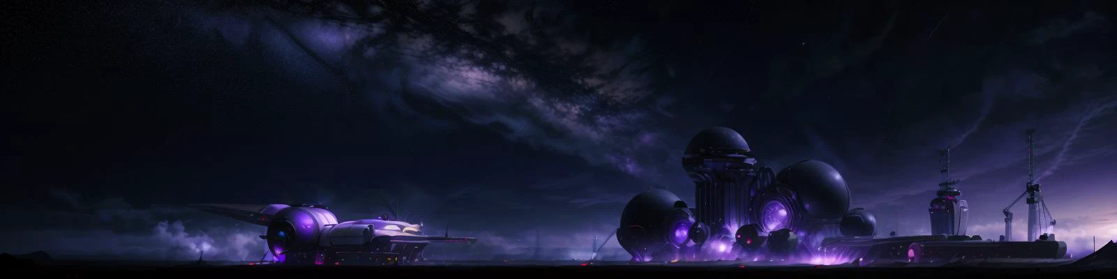 wide shot, dark planet in the sky, stars in the sky, metal building far away, smokes in the air, spaceship landed in foreground, purple colored ambiant, <lora:Scifi_Backgrounds_ep3:0.7>, <lora:more_details:1>, <lora:epi_noiseoffset2:0.2>