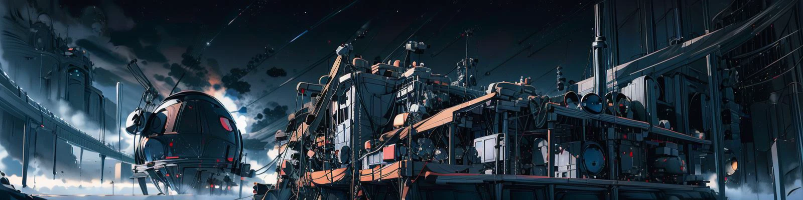 wide shot, dark planet in the sky, stars in the sky, metal building far away, smokes in the air, starfighter landed in foreground, <lora:Scifi_Backgrounds_ep3:1>, <lora:more_details:1>, <lora:epi_noiseoffset2:1>