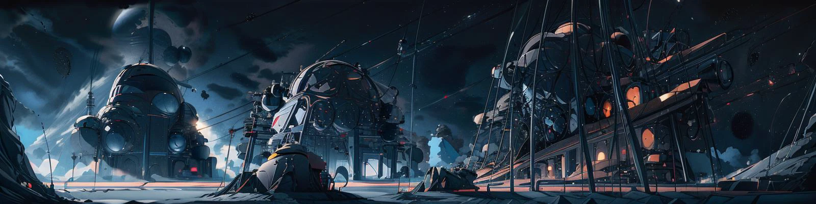 wide shot, dark planet in the sky, stars in the sky, metal building far away, smokes in the air, starship landed in foreground, <lora:Scifi_Backgrounds_ep3:1>, <lora:more_details:1>, <lora:epi_noiseoffset2:1>