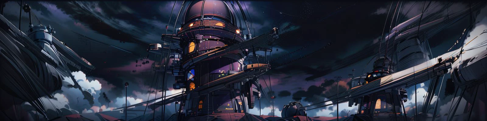 wide shot, dark planet in the sky, stars in the sky, metal building far away, smokes in the air, spaceship landed in foreground, purple colored ambiant, <lora:Scifi_Backgrounds_ep3:1>, <lora:more_details:1>, <lora:epi_noiseoffset2:1>