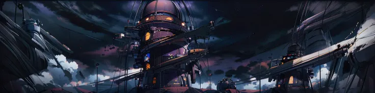 wide shot, dark planet in the sky, stars in the sky, metal building far away, smokes in the air, spaceship landed in foreground, purple colored ambiant, <lora:Scifi_Backgrounds_ep3:1>,  <lora:more_details:1>,  <lora:epi_noiseoffset2:1>