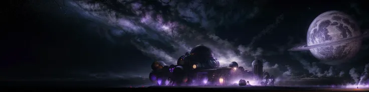 wide shot, dark planet in the sky, stars in the sky, metal building far away, smokes in the air, spaceship landed in foreground, purple colored ambiant, <lora:Scifi_Backgrounds_ep3:0.7>, <lora:more_details:1>, <lora:epi_noiseoffset2:0.2>