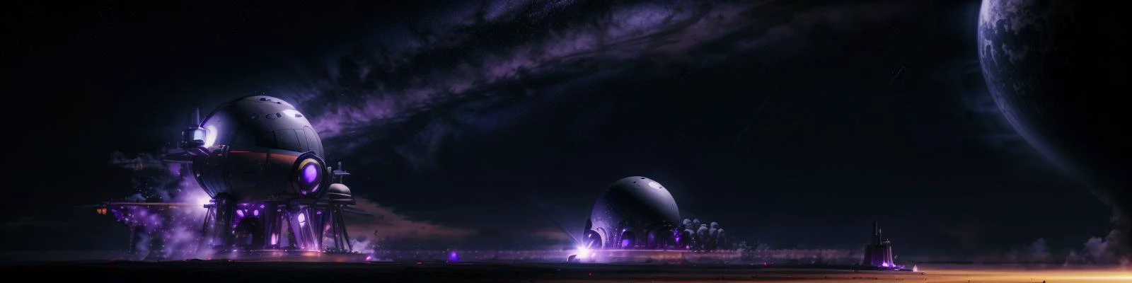 wide shot, dark planet in the sky, stars in the sky, metal building far away, smokes in the air, spaceship landed in foreground, purple colored ambiant, <lora:Scifi_Backgrounds_ep3:0.7>, <lora:more_details:1>, <lora:epi_noiseoffset2:0.2>