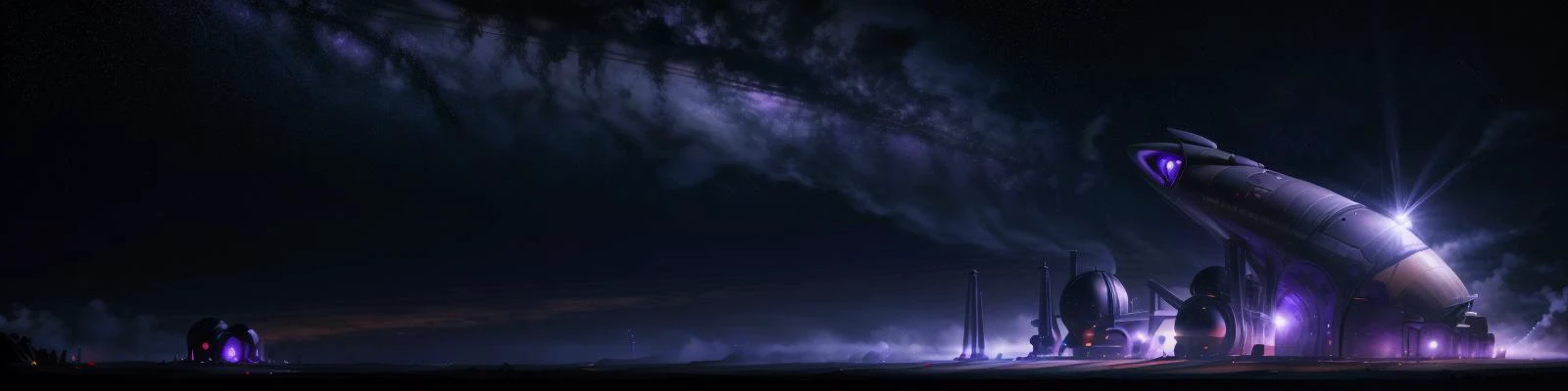 wide shot, dark planet in the sky, stars in the sky, metal building far away, smokes in the air, spaceship landed in foreground, purple colored ambiant, <lora:Scifi_Backgrounds_ep3:0.7>, <lora:more_details:1>, <lora:epi_noiseoffset2:0.2>
