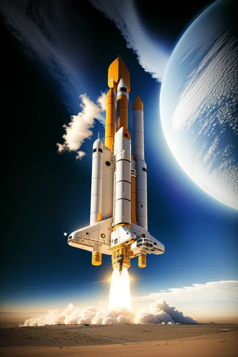 a space shuttle taking off from a launch pad , Beeple, cinema 4 d, digital art, computer art , science fiction,