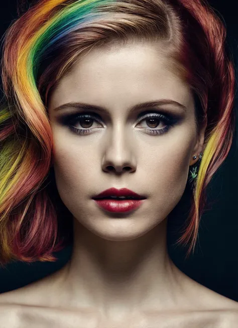 portrait of sks woman by Flora Borsi, style by Flora Borsi, bold, bright colours, rainbow Mohawk haircut, ((Flora Borsi)), <lora:locon_erinmoriarty_v1_from_v1_64_32:1>