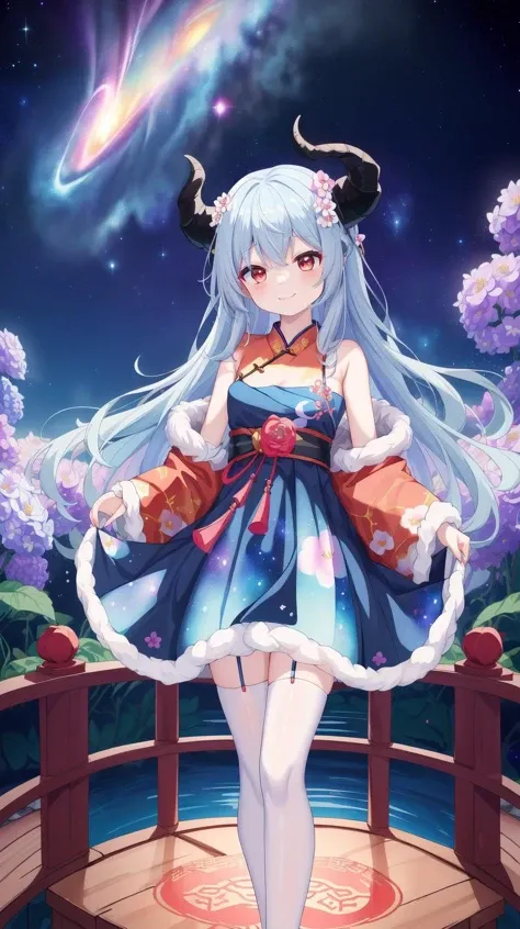 masterpiece, best quality, Siren-shaped eyes, (anime:1.5), (solo girl:1), (1girl:1), (Hanfu:1.5), (pale blue hair:1.5), (red eyes:1.5), (black horns:1.5), medium breast, (wavy hair), (long hair), milf, (lake:1), (fluffy skirt:1.5), (on wind:1), (puffy circle skirt:1.5), garden, (rose petals:1), (pink roses:1), (daffodils:1), (blue flowers:1), (yellow flowers:1), (white flowers:1), (pink flowers:1), no sky, (trees cover the sky:1.4), beautiful garden, (standing on a bridge:1.5), (bridge in the middle of the lake:1), (sea in the distance:1), (botanical garden:1.5), (white and golden statues:1), day, dark lake, majestic columns, gazebo, flowers from above, flower beds, (many flowers:1), (light makeup:1.5) ((watercolor painting)), (she is a chinese dragon:1.5), (chinese patterns on a dress:1), gradient chinese background, kimono, (haori:1.5), (transparent frills similar to jellyfish:1), (red cyan gradient ballet tutu:1), (nebula print:1.1), (galaxy print dress:1.5), (galaxy dress:1.3), (wedding dress:1), (chest bow:1), (short dress:1.5), (thighhighs:1), (heart symbol:1), (flower print on dress:1.5), zettai ryouiki, smile, <lora:YutaMix-Extra-cute:0.5>, YutaMix-Extra-cute