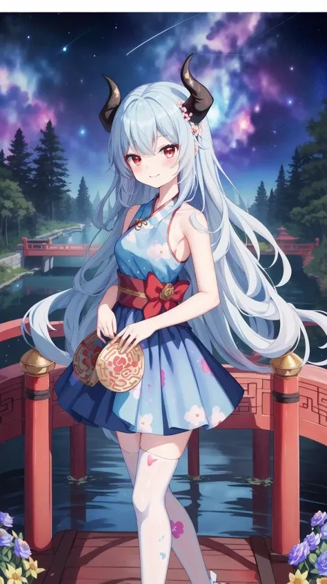 masterpiece, best quality, Siren-shaped eyes, (anime:1.5), (solo girl:1), (1girl:1), (Hanfu:1.5), (pale blue hair:1.5), (red eyes:1.5), (black horns:1.5), medium breast, (wavy hair), (long hair), milf, (lake:1), (fluffy skirt:1.5), (on wind:1), (puffy circle skirt:1.5), garden, (rose petals:1), (pink roses:1), (daffodils:1), (blue flowers:1), (yellow flowers:1), (white flowers:1), (pink flowers:1), no sky, (trees cover the sky:1.4), beautiful garden, (standing on a bridge:1.5), (bridge in the middle of the lake:1), (sea in the distance:1), (botanical garden:1.5), (white and golden statues:1), day, dark lake, majestic columns, gazebo, flowers from above, flower beds, (many flowers:1), (light makeup:1.5) ((watercolor painting)), (she is a chinese dragon:1.5), (chinese patterns on a dress:1), gradient chinese background, kimono, (haori:1.5), (transparent frills similar to jellyfish:1), (red cyan gradient ballet tutu:1), (nebula print:1.1), (galaxy print dress:1.5), (galaxy dress:1.3), (wedding dress:1), (chest bow:1), (short dress:1.5), (thighhighs:1), (heart symbol:1), (flower print on dress:1.5), zettai ryouiki, smile, <lora:YutaMix-Extra-cute:0.5>, YutaMix-Extra-cute