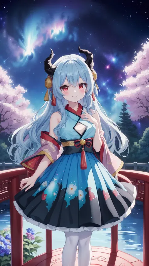 masterpiece, best quality, Siren-shaped eyes, (anime:1.5), (solo girl:1), (1girl:1), (Hanfu:1.5), (pale blue hair:1.5), (red eyes:1.5), (black horns:1.5), medium breast, (wavy hair), (long hair), milf, (lake:1), (fluffy skirt:1.5), (on wind:1), (puffy circle skirt:1.5), garden, (rose petals:1), (pink roses:1), (daffodils:1), (blue flowers:1), (yellow flowers:1), (white flowers:1), (pink flowers:1), no sky, (trees cover the sky:1.4), beautiful garden, (standing on a bridge:1.5), (bridge in the middle of the lake:1), (sea in the distance:1), (botanical garden:1.5), (white and golden statues:1), day, dark lake, majestic columns, gazebo, flowers from above, flower beds, (many flowers:1), (light makeup:1.5) ((watercolor painting)), (she is a chinese dragon:1.5), (chinese patterns on a dress:1), gradient chinese background, kimono, (haori:1.5), (transparent frills similar to jellyfish:1), (red cyan gradient ballet tutu:1), (nebula print:1.1), (galaxy print dress:1.5), (galaxy dress:1.3), (wedding dress:1), (chest bow:1), (short dress:1.5), (thighhighs:1), (heart symbol:1), (flower print on dress:1.5), zettai ryouiki, smile, <lora:YutaMix-Extra-cute:0.5>, YutaMix-Extra-cute