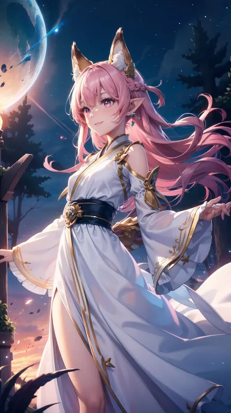masterpiece, best quality, Pink long hair, curly haur, messy hair, (on wind:1.3), fox ears, Pointy ears, pink eyes, white gown, fox tail, forest, night, dark, light smile, small breast, flat, white gown, Red ruffles, Pink frills, wide sleeves, nebula sky, trees, (pointy blue flares:1.2), Japanese gown, Chiffon gown, <lora:YutaMix-extra-fantasy:0.7>, YutaMix-extra-fantasy