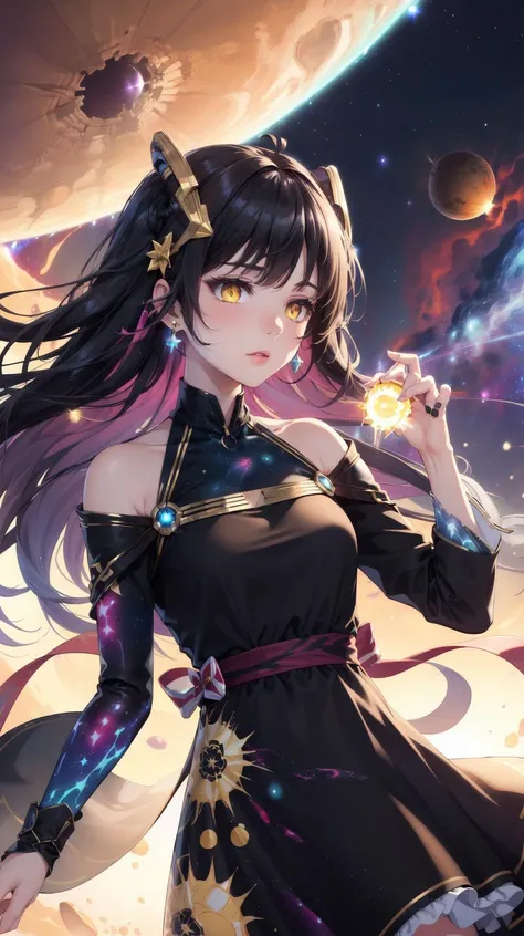 (Nebula print on dress:1.4), Earrings, (holding a sun on arm:1.3), half closed eyes, (sad:1.2), (Frilled:1.3), open shoulders, (long galaxy sleeves), (ribbons:1.5), (hairpins:1.3), Circle galaxy skirt, purple hair, galaxy hair ornament, long hair, (on wind:1.5), (messy hair:1.5), sola4 gradient stockings, (glowing yellow eyes:1.3), (Galaxy print dress:1.5), masterpiece, best quality, Girl, (Black galaxy dress:1.3), (selestia:0.01), <lora:YutaMix-extra-fantasy:0.7>, YutaMix-extra-fantasy