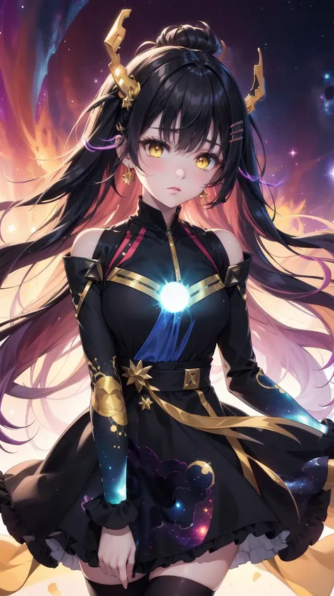 (Nebula print on dress:1.4), Earrings, (holding a sun on arm:1.3), half closed eyes, (sad:1.2), (Frilled:1.3), open shoulders, (long galaxy sleeves), (ribbons:1.5), (hairpins:1.3), Circle galaxy skirt, purple hair, galaxy hair ornament, long hair, (on wind:1.5), (messy hair:1.5), sola4 gradient stockings, (glowing yellow eyes:1.3), (Galaxy print dress:1.5), masterpiece, best quality, Girl, (Black galaxy dress:1.3), (selestia:0.01), <lora:YutaMix-extra-fantasy:0.7>, YutaMix-extra-fantasy