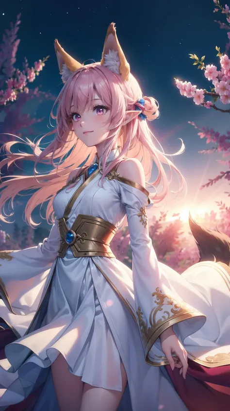 masterpiece, best quality, Pink long hair, curly haur, messy hair, (on wind:1.3), fox ears, Pointy ears, pink eyes, white gown, fox tail, forest, night, dark, light smile, small breast, flat, white gown, Red ruffles, Pink frills, wide sleeves, nebula sky, trees, (pointy blue flares:1.2), Japanese gown, Chiffon gown, <lora:YutaMix-extra-fantasy:0.7>, YutaMix-extra-fantasy