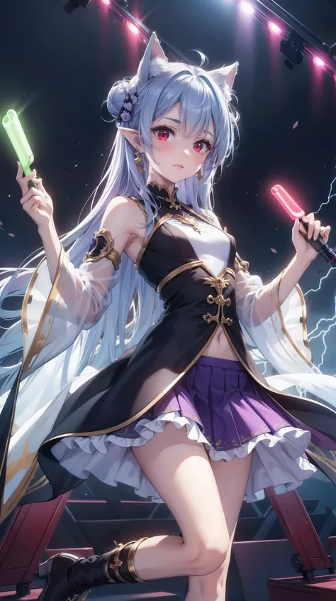 (Honkai:0.7), (Holding Glowstick:1.2), Concert, arena room, projectors, projectile light, Cross particles, Frilled, (Bright purple skirt:1.2), Chiffon Wide connected sleeves, (Full body:0.6), Gagra-choli, Hair above cheeks, Pointy ears, earrings, ears lightning piercing, Dress, Hair bun, Cute breast, masterpiece, best quality, (Pale blue hair:1.1), (red eyes:1.1), milf, adult face, wavy hair, long hair, (Small breast:1.4), flat chest, Cat ears, <lora:YutaMix-extra-fantasy:0.7>, YutaMix-extra-fantasy