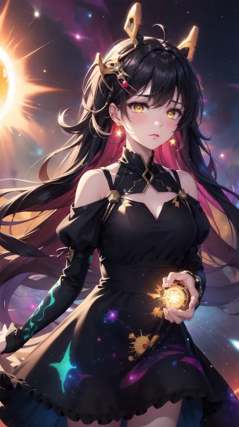 (Nebula print on dress:1.4), Earrings, (holding a sun on arm:1.3), half closed eyes, (sad:1.2), (Frilled:1.3), open shoulders, (long galaxy sleeves), (ribbons:1.5), (hairpins:1.3), Circle galaxy skirt, purple hair, galaxy hair ornament, long hair, (on wind:1.5), (messy hair:1.5), sola4 gradient stockings, (glowing yellow eyes:1.3), (Galaxy print dress:1.5), masterpiece, best quality, Girl, (Black galaxy dress:1.3), (selestia:0.01), <lora:YutaMix-extra-fantasy:0.7>, YutaMix-extra-fantasy