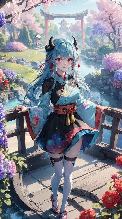 masterpiece, best quality, Siren-shaped eyes, (anime:1.5), (solo girl:1), (1girl:1), (Hanfu:1.5), (pale blue hair:1.5), (red eyes:1.5), (black horns:1.5), medium breast, (wavy hair), (long hair), milf, (lake:1), (fluffy skirt:1.5), (on wind:1), (puffy circle skirt:1.5), garden, (rose petals:1), (pink roses:1), (daffodils:1), (blue flowers:1), (yellow flowers:1), (white flowers:1), (pink flowers:1), no sky, (trees cover the sky:1.4), beautiful garden, (standing on a bridge:1.5), (bridge in the middle of the lake:1), (sea in the distance:1), (botanical garden:1.5), (white and golden statues:1), day, dark lake, majestic columns, gazebo, flowers from above, flower beds, (many flowers:1), (light makeup:1.5) ((watercolor painting)), (she is a chinese dragon:1.5), (chinese patterns on a dress:1), gradient chinese background, kimono, (haori:1.5), (transparent frills similar to jellyfish:1), (red cyan gradient ballet tutu:1), (nebula print:1.1), (galaxy print dress:1.5), (galaxy dress:1.3), (wedding dress:1), (chest bow:1), (short dress:1.5), (thighhighs:1), (heart symbol:1), (flower print on dress:1.5), zettai ryouiki, smile, <lora:YutaMix-extra-fantasy:0.7>, YutaMix-extra-fantasy