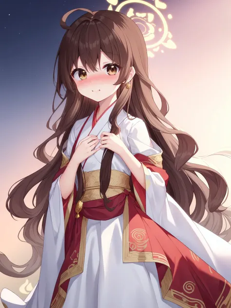 (wavy hair:1.2), (Very long hair:1.3), (Red layer), (Aesthetic medium chest:1.2), masterpiece, best quality, Solo, hair above cheeks, diamond earrings, (hanfu, Lehenga choli, Circle dress:1.2), Anime print on clothes, White clothes, (Embarrassed:1.3), (Nose blush:1.3), (Small chest:1.1), (Brown hair:1.5), (white hair:1.4), (gradient hair:1.4), (Highlighting:1.2), <lora:YutaMix-Extra-cute:0.6>, YutaMix-Extra-cute