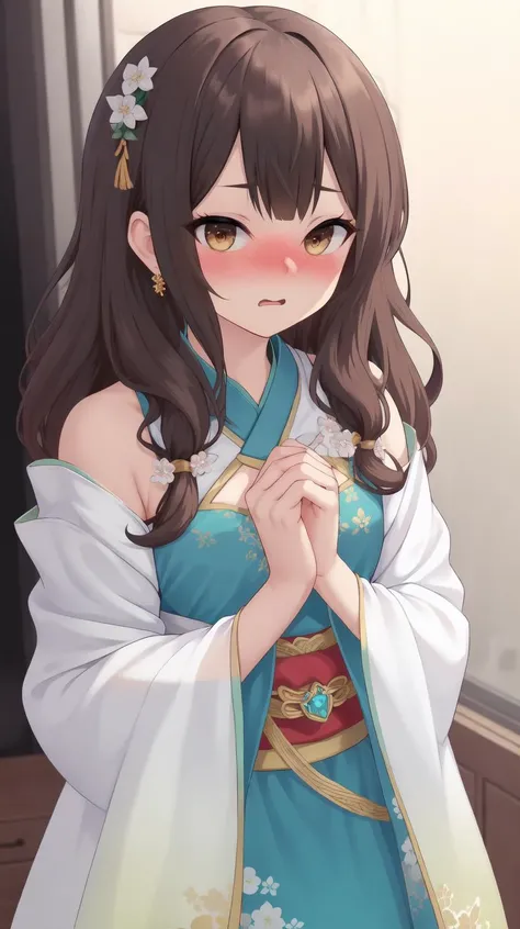 (wavy hair:1.2), (Very long hair:1.3), (Red layer), (Aesthetic medium chest:1.2), masterpiece, best quality, Solo, hair above cheeks, diamond earrings, (hanfu, victorian, Lehenga choli, Circle dress:1.2), Anime print on clothes, White clothes, (Embarrassed:1.6), (Nose blush:1.34), (Small chest:1.1), <lyco:yuta_hair:0.3>, (yuta_hair:1.5), (Brown hair:1.5), (white hair:1.0), (gradient hair:1.3), (Highlighting:1.4), <lora:YutaMix-Extra-milkshake:0.6>, YutaMix-Extra-milkshake
