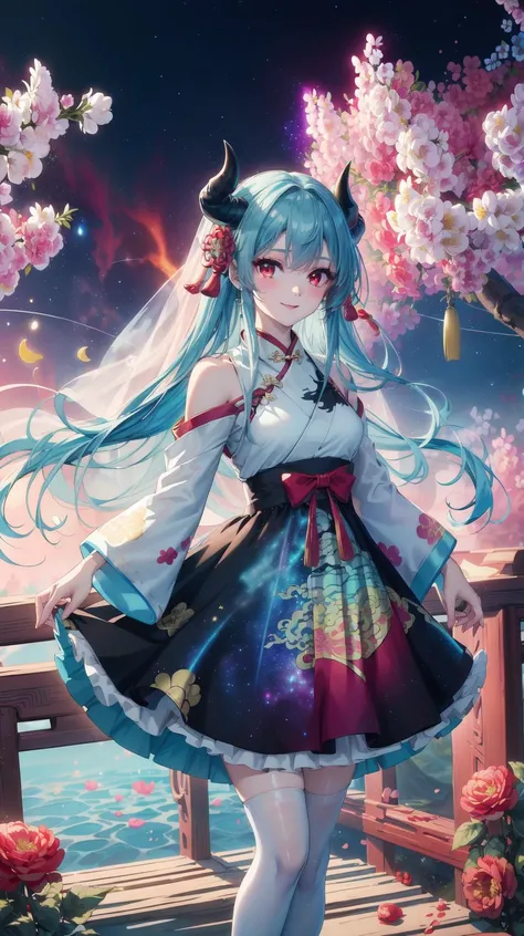 masterpiece, best quality, Siren-shaped eyes, (anime:1.5), (solo girl:1), (1girl:1), (Hanfu:1.5), (pale blue hair:1.5), (red eyes:1.5), (black horns:1.5), medium breast, (wavy hair), (long hair), milf, (lake:1), (fluffy skirt:1.5), (on wind:1), (puffy circle skirt:1.5), garden, (rose petals:1), (pink roses:1), (daffodils:1), (blue flowers:1), (yellow flowers:1), (white flowers:1), (pink flowers:1), no sky, (trees cover the sky:1.4), beautiful garden, (standing on a bridge:1.5), (bridge in the middle of the lake:1), (sea in the distance:1), (botanical garden:1.5), (white and golden statues:1), day, dark lake, majestic columns, gazebo, flowers from above, flower beds, (many flowers:1), (light makeup:1.5) ((watercolor painting)), (she is a chinese dragon:1.5), (chinese patterns on a dress:1), gradient chinese background, kimono, (haori:1.5), (transparent frills similar to jellyfish:1), (red cyan gradient ballet tutu:1), (nebula print:1.1), (galaxy print dress:1.5), (galaxy dress:1.3), (wedding dress:1), (chest bow:1), (short dress:1.5), (thighhighs:1), (heart symbol:1), (flower print on dress:1.5), zettai ryouiki, smile, <lora:YutaMix-extra-fantasy:0.7>, YutaMix-extra-fantasy