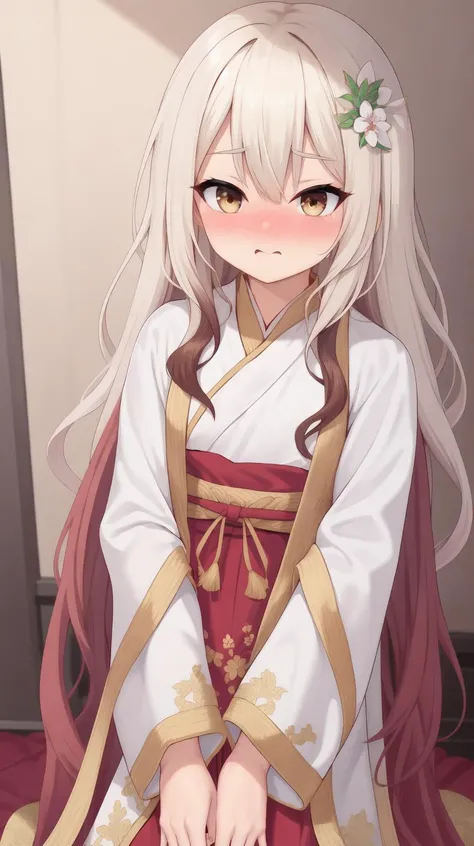 (wavy hair:1.2), (Very long hair:1.3), (Red layer), (Aesthetic medium chest:1.2), masterpiece, best quality, Solo, hair above cheeks, diamond earrings, (hanfu, victorian, Lehenga choli, Circle dress:1.2), Anime print on clothes, White clothes, (Embarrassed:1.6), (Nose blush:1.34), (Small chest:1.1), <lyco:yuta_hair:0.3>, (yuta_hair:1.5), (Brown hair:1.5), (white hair:1.1), (gradient hair:1.3), (Highlighting:1.4), <lora:YutaMix-Extra-milkshake:0.6>, YutaMix-Extra-milkshake